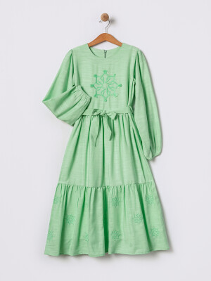 Wholesale Girl Embroidered Long Sleeve Dress 11-14Y Pafim 2041-2025Y1074 Pistachio Green