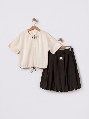 Wholesale Girl Zippered Short Sleeve Cotton Sweater 7-10Y Pafim 2041-2025Y1067 Stone