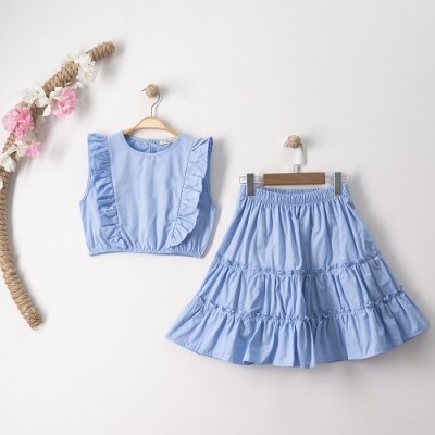 Wholesale Girls 2-Piece Blouse and Skirt 7-10Y Büşra Bebe 1016-23129 Blue