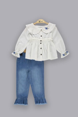 Wholesale Girls 2-Piece Denim Pants Sets with Shirt 2-5Y Kumru Bebe 1075-3804 Ecru
