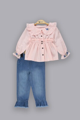 Wholesale Girls 2-Piece Denim Pants Sets with Shirt 2-5Y Kumru Bebe 1075-3804 Pink
