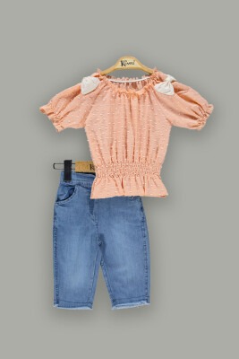 Wholesale Girls 2-Piece Sets with Spotted Blouse and Denim Shorts 2-5Y Kumru Bebe 1075-3803 Salmon Color 