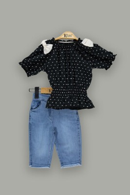 Wholesale Girls 2-Piece Sets with Spotted Blouse and Denim Shorts 2-5Y Kumru Bebe 1075-3803 - Kumru Bebe (1)