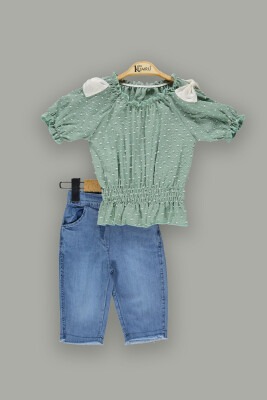 Wholesale Girls 2-Piece Sets with Spotted Blouse and Denim Shorts 2-5Y Kumru Bebe 1075-3803 Mint Green 