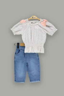 Wholesale Girls 2-Piece Sets with Spotted Blouse and Denim Shorts 2-5Y Kumru Bebe 1075-3803 Ecru