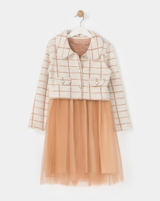 Wholesale Girls 2-Piece Tulle Dress and Jacket Set 1-4Y Bupper Kids 1053-23901 Brown