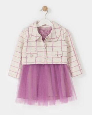 Wholesale Girls 2-Piece Tülle Dress with Jacket 5-8Y Bupper Kids 1053-23916 Damson Color