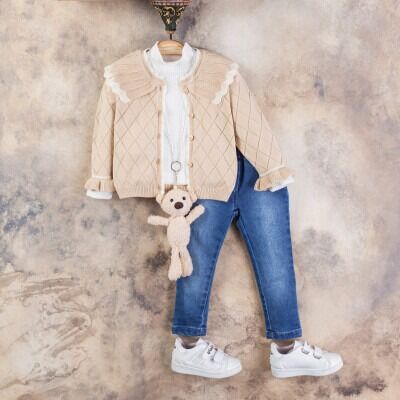 Wholesale Girls 3-Piece Cardigan Blouse and Denim Pants Set 2-5Y Gocoland 2008-5120 Beige