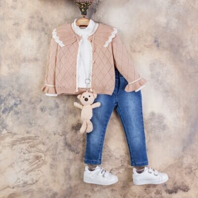 Wholesale Girls 3-Piece Cardigan Blouse and Denim Pants Set 2-5Y Gocoland 2008-5120 Blanced Almond