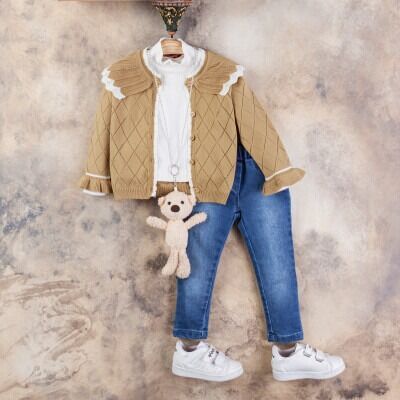 Wholesale Girls 3-Piece Cardigan Blouse and Denim Pants Set 2-5Y Gocoland 2008-5120 Brown3