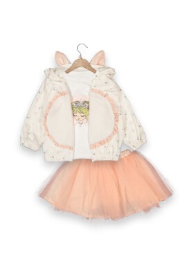 Wholesale Girls 3-Piece Cardigan Long Sleeve T-Shirt and Skirt Set 1-4Y Boncuk Bebe 1006-6090 Ecru