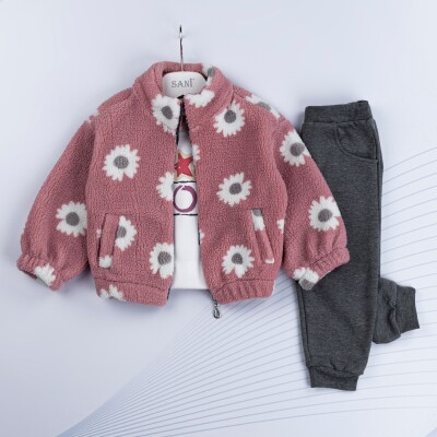 Wholesale Girls 3-Piece Cardigan T-Shirt and Sweatpants Set 1-4Y Sani 1068-4934 Pink