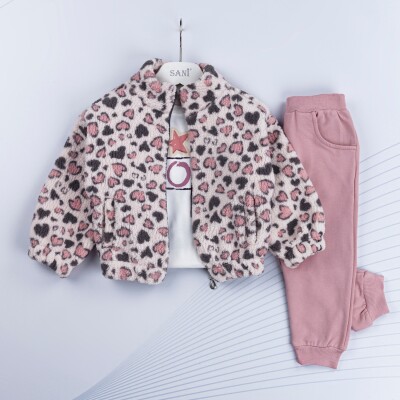 Wholesale Girls 3-Piece Cardigan T-Shirt and Sweatpants Set 1-4Y Sani 1068-4934 Ecru