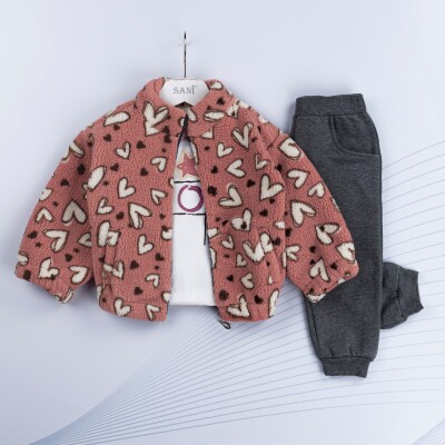 Wholesale Girls 3-Piece Cardigan T-Shirt and Sweatpants Set 1-4Y Sani 1068-4934 Dusty Rose