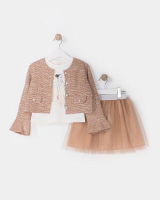 Wholesale Girls 3-Piece Jacket T-Shirt and Tulle Skirt 2-5Y Bupper Kids 1053-23951 Brown