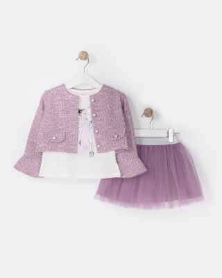 Wholesale Girls 3-Piece Jacket T-Shirt and Tulle Skirt 2-5Y Bupper Kids 1053-23951 Damson Color