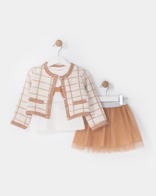 Wholesale Girls 3-Piece Skirt Body and Cardigan Set 2-5Y Bupper Kids 1053-23908 Brown