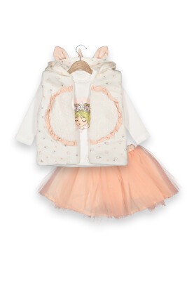 Wholesale Girls 3-Piece Vest Long Sleeve T-Shirt and Skirt 1-4Y Boncuk Bebe 1006-6095 Ecru