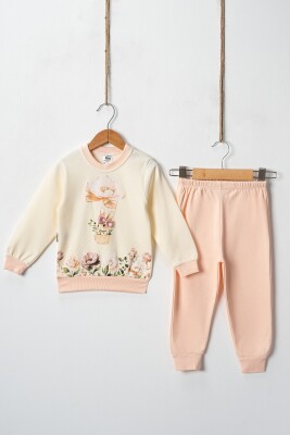 Wholesale Girl's Floral Rabbit Printed 2pcs Tracksuit Set 2-4Y Hoppidik 2017-2399 Salmon Color 