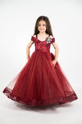 Wholesale Girls Party Tulle Dress 4-8Y Bertula Kids 2003-4850 Claret Red