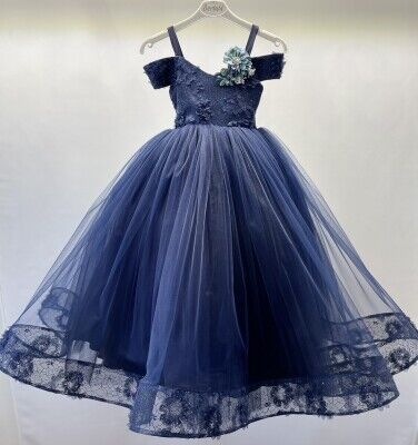 Wholesale Girls Party Tulle Dress 4-8Y Bertula Kids 2003-4850 Dark Blue