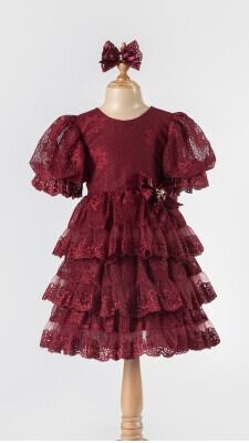 Wholesale Girls Tulle Dress 5-8Y Tivido 1042-2492-1 Claret Red