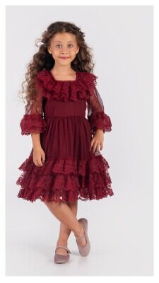 Wholesale Girls Tulle Dress 6-12Y Tivido 1042-2490 Claret Red