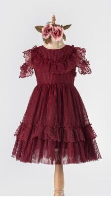 Wholesale Girls Tulle Dress 6-12Y Tivido 1042-2491 Claret Red