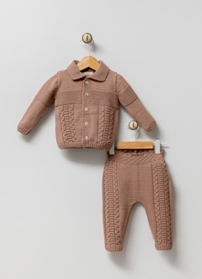 Wholesale Unisex Baby 2-Piece Knitwear Cardigan and Pants Set 0-9M Milarda 2001-6030 Brown