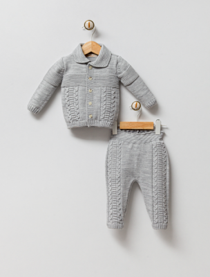 Wholesale Unisex Baby 2-Piece Knitwear Cardigan and Pants Set 0-9M Milarda 2001-6030 Light Grey