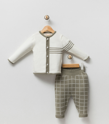 Wholesale Unisex Baby 2-Piece Knitwear Cardigan and Pants Set 3-12M Milarda 2001-6083 Khaki